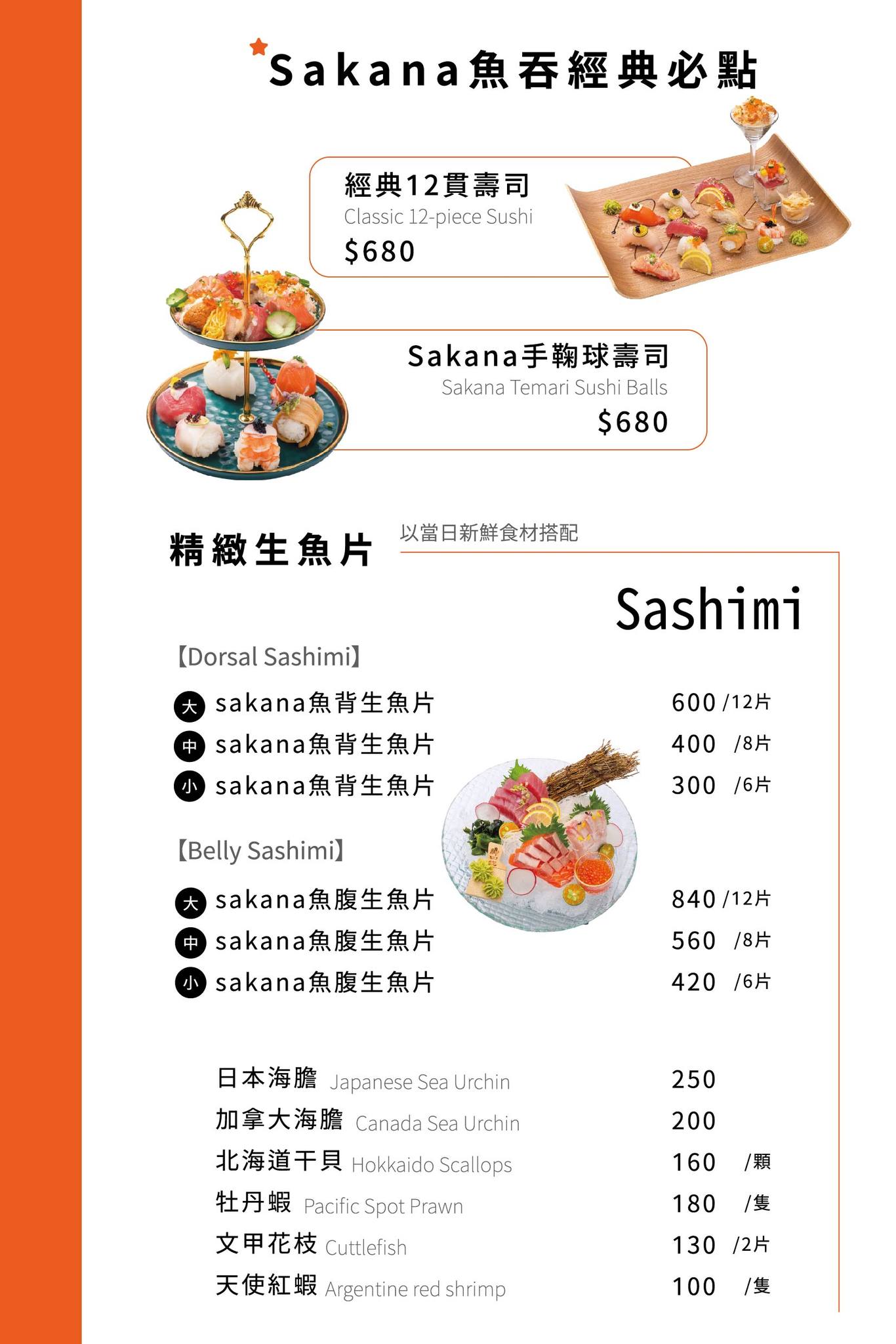 Sakana魚吞壽司菜單MENU